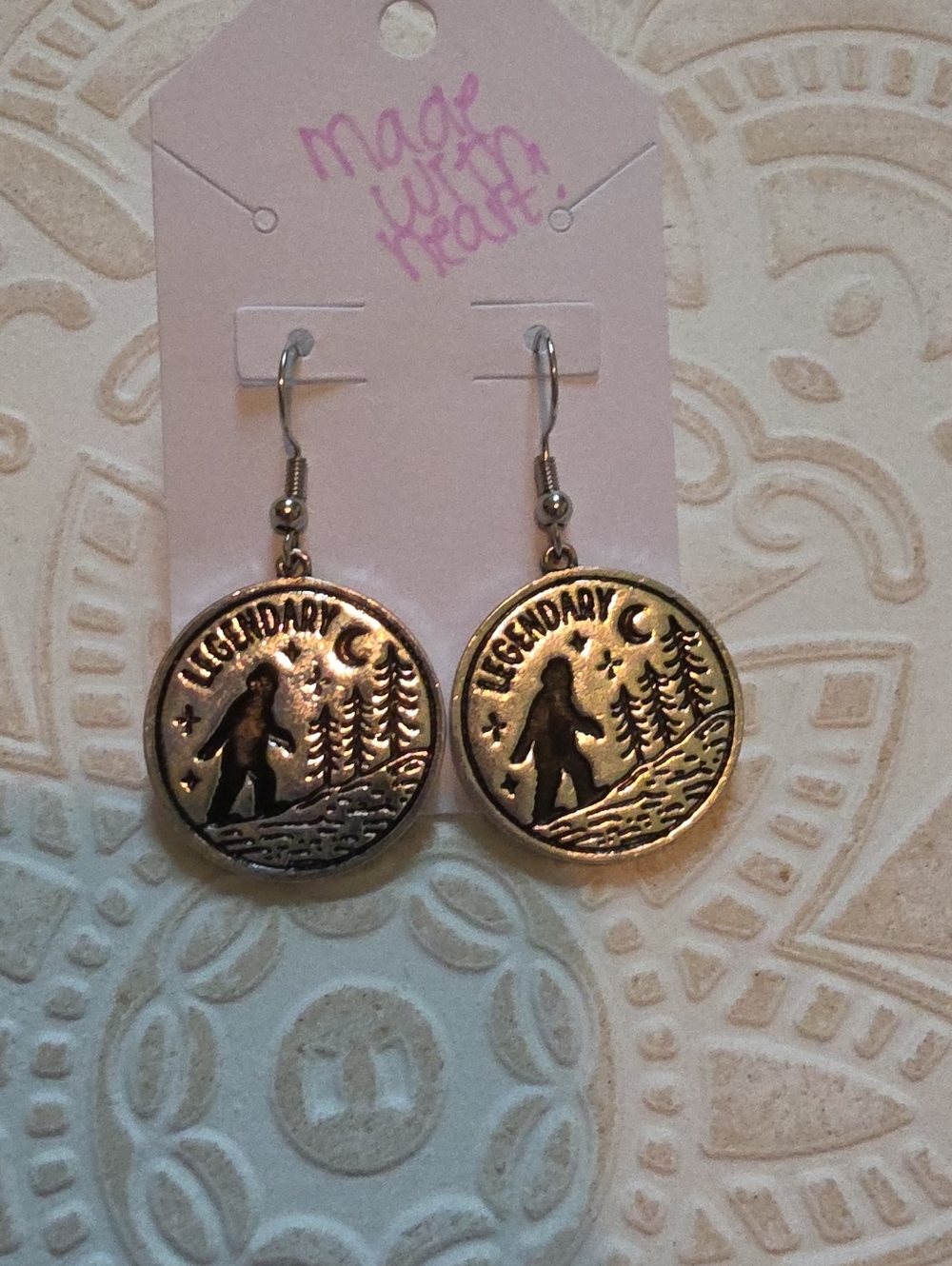 Legendary Sasquatch Coin Drop Earrings Silver Metal Handmade